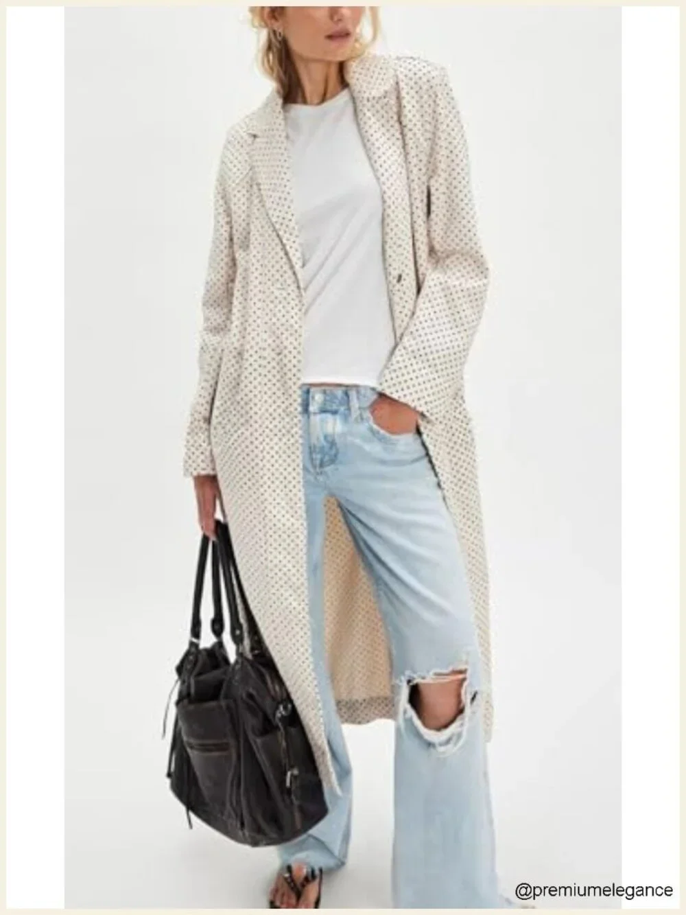 Leopard Print Denim Trench Coat Distressed Midi Long Jean Jacket Overcoat